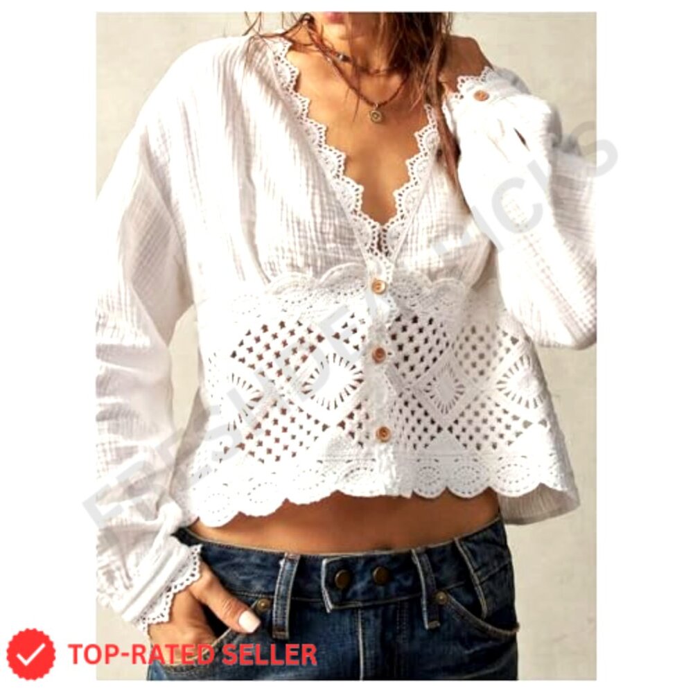 Vintage Crochet Patchwork Blouse Boho Deep V Neck Button Up Crop Top - Picture 5 of 5